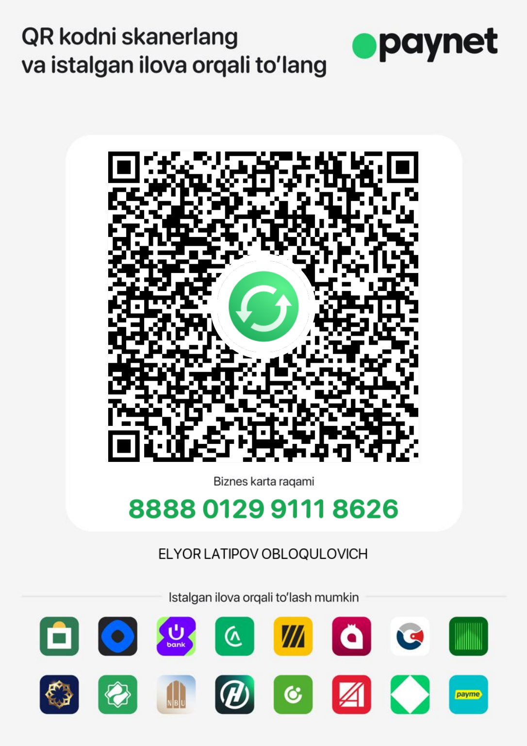 Paynet QR kodi va karta raqami
